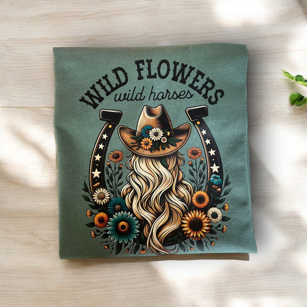 Medium Comfort Colors Green T-Shirt With Wild Flowers/Wild Horses Print