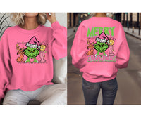 Stephanie's Listing- 3XL Safety Pink Gildan Sweatshirt with front and back grinch design