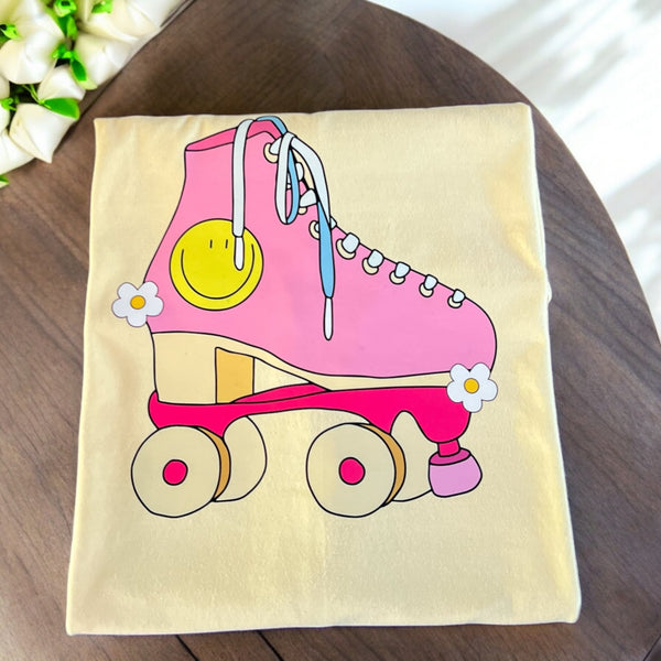 Large Butter Yellow Comfort Colors TShirt With Pink Roller Skate