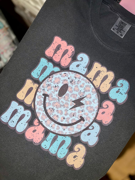 Mama Leopard Smiley Face Print- XL Pepper Comfort Colors T-Shirt