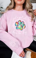 Custom Order- Pink Medium Gildan Sweatshirt with a girl who loves her dogs and name on sleeve (Chewy)