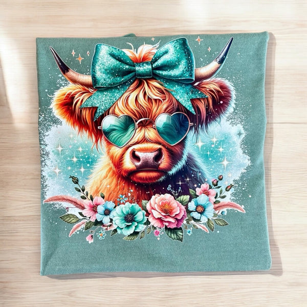 XL Green Comfort Colors T-Shirt With Floral Highland Cow