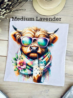 Medium Comfort Colors Lavender T-Shirt With Highland Cow Print