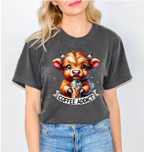 Comfort Colors Pepper T- Shirt With Coffee Addict Highland Cow Print
