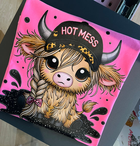 Neon Pink Comfort Colors Short Sleeve Shirt With Highland Hot Mess Cow