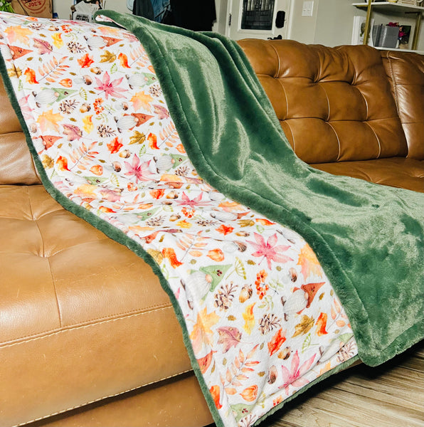 Throw Size- Fall Gnomes Print & Forest Green Encore
