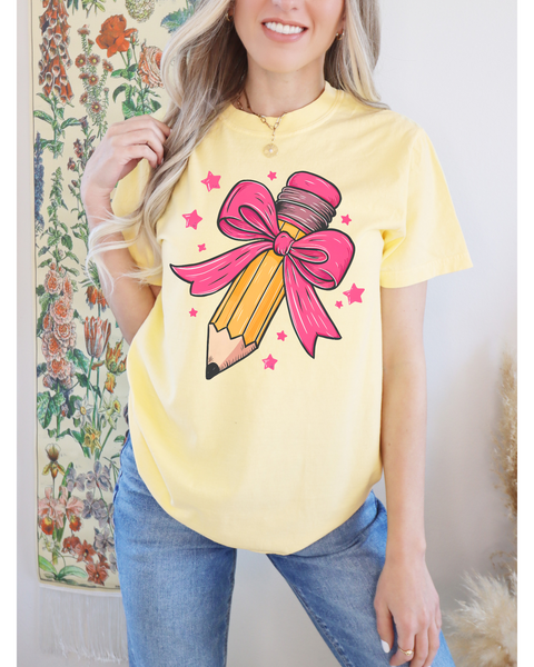 Comfort Colors Butter T-Shirt- School Pencil Pink Bow