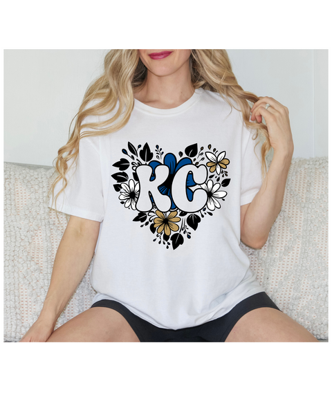 Comfort Colors White T- Shirt- Blue Floral KC Heart