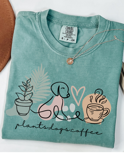 Comfort Colors Light Green T-Shirt- Dog, Plants and Coffee