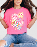 Comfort Colors Neon Pink T-Shirt- Neon Checkers Smiles