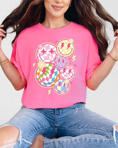 Comfort Colors Neon Pink T-Shirt- Neon Checkers Smiles