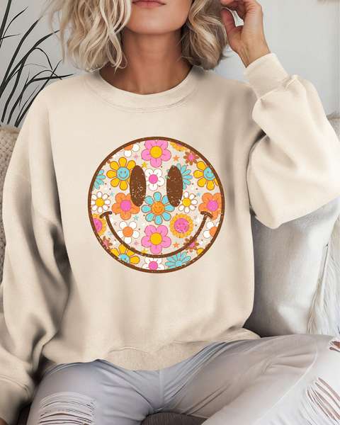 Ivory Gildan Heavy Blend Crewneck Sweatshirt With  Floral Smiley Face