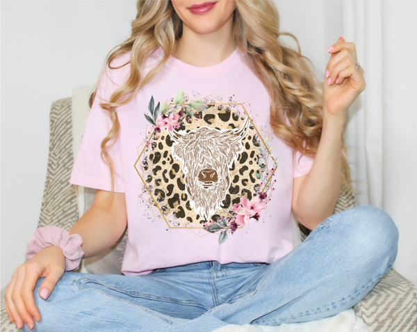 Comfort Colors Baby Pink T-Shirt Floral Highland Cow Leopard