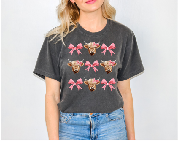 Comfort Colors  T-Shirt- Pepper T-Shirt Highland Cows and Bows Coquette
