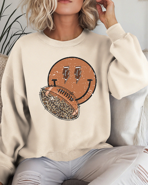 Ivory Gildan Heavy Blend Crewneck Sweatshirt With  Football & Smiley Face