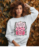 White Gildan Heavy Blend Crewneck Sweatshirt With Hello Fall Pink Pumpkins