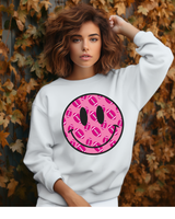 White Gildan Heavy Blend Crewneck Sweatshirt With Hot Pink Football Smiley Face