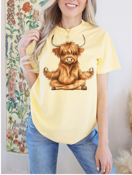 Comfort Colors Butter T-Shirt- Meditating Highland Cow