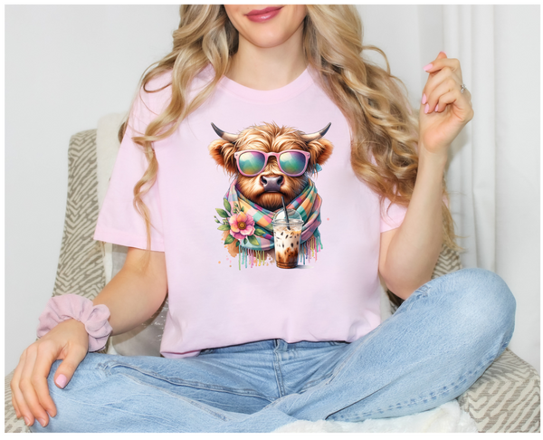 Comfort Colors Baby Pink T-Shirt- Highland Cow Iced Coffee