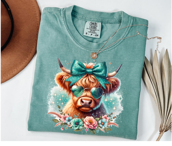 Comfort Colors  T-Shirt- Light Green T-Shirt With Highland Cow Teal